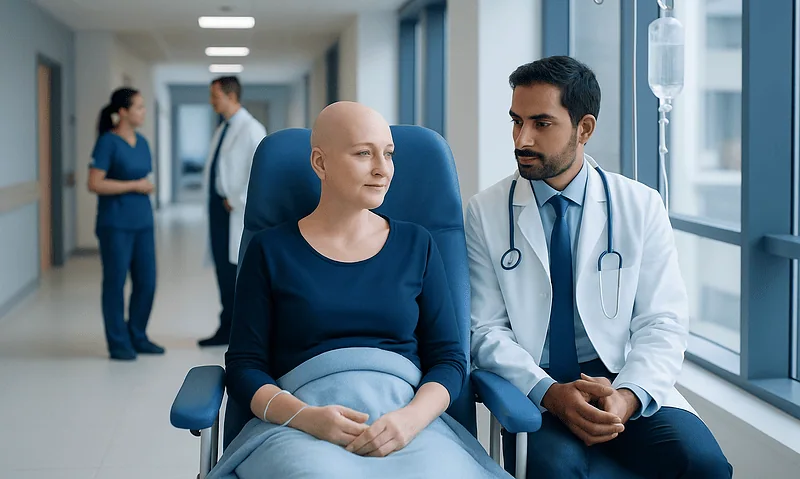 Patient receiving chemotherapy treatment in hospital corridor.