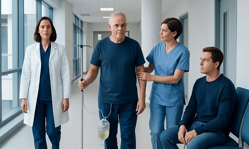 Senior man with IV stand talking to healthcare professionals in hospital corridor.