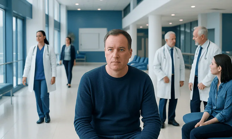 Patient waiting in hospital corridor with medical staff in background.