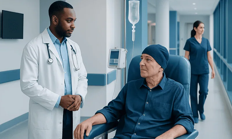 Doctor consulting with patient in hospital corridor.