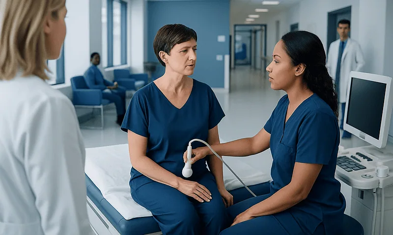 Medical professionals perform an ultrasound exam on a patient in a hospital corridor.
