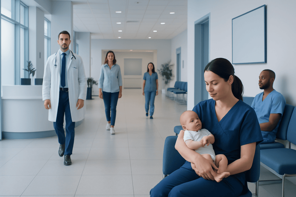 How Many Bones Are Babies Born with? Causes, Explanations, and Next Steps 1 Healthcare professionals and a nurse with a baby in a hospital corridor.