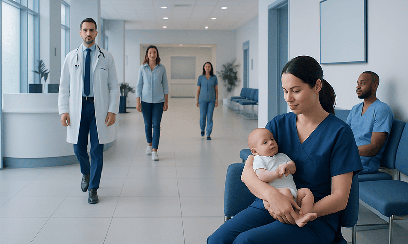 Healthcare professionals and a nurse with a baby in a hospital corridor.