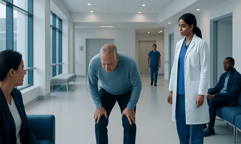 Senior man experiencing shortness of breath in hospital corridor.