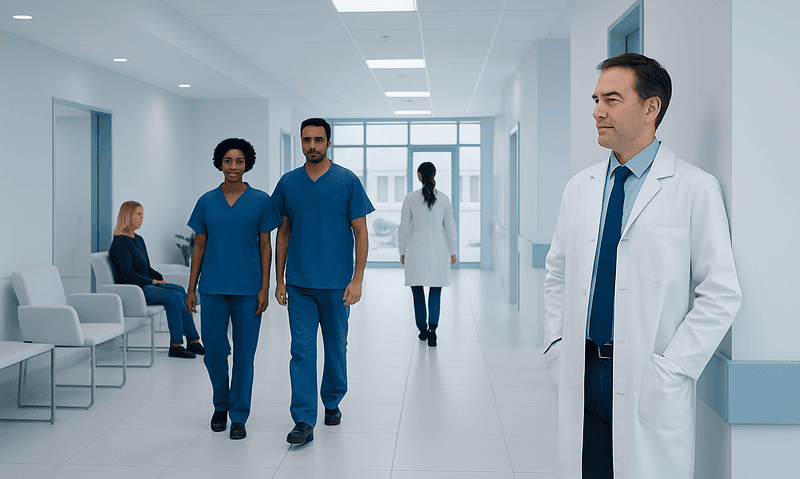 Healthcare professionals walking in hospital corridor with patient in background.
