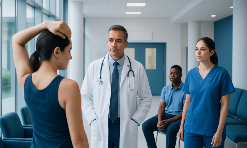 Doctor consulting with female patient in hospital corridor.