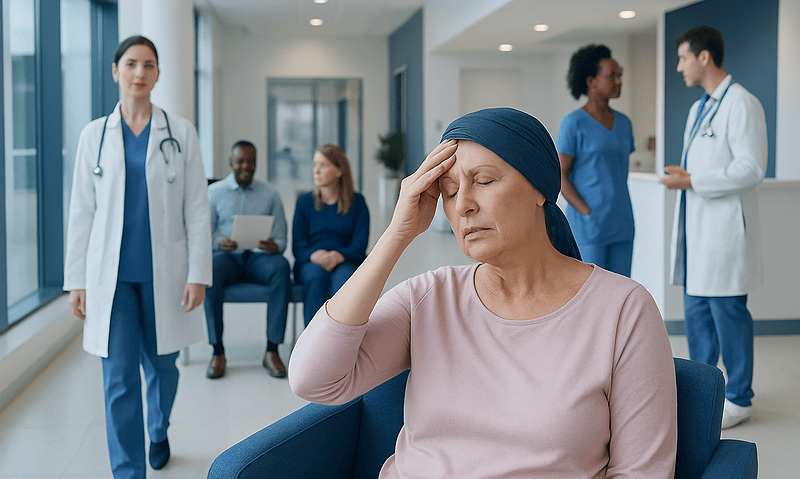 Woman with chemotherapy side effects in hospital waiting area.