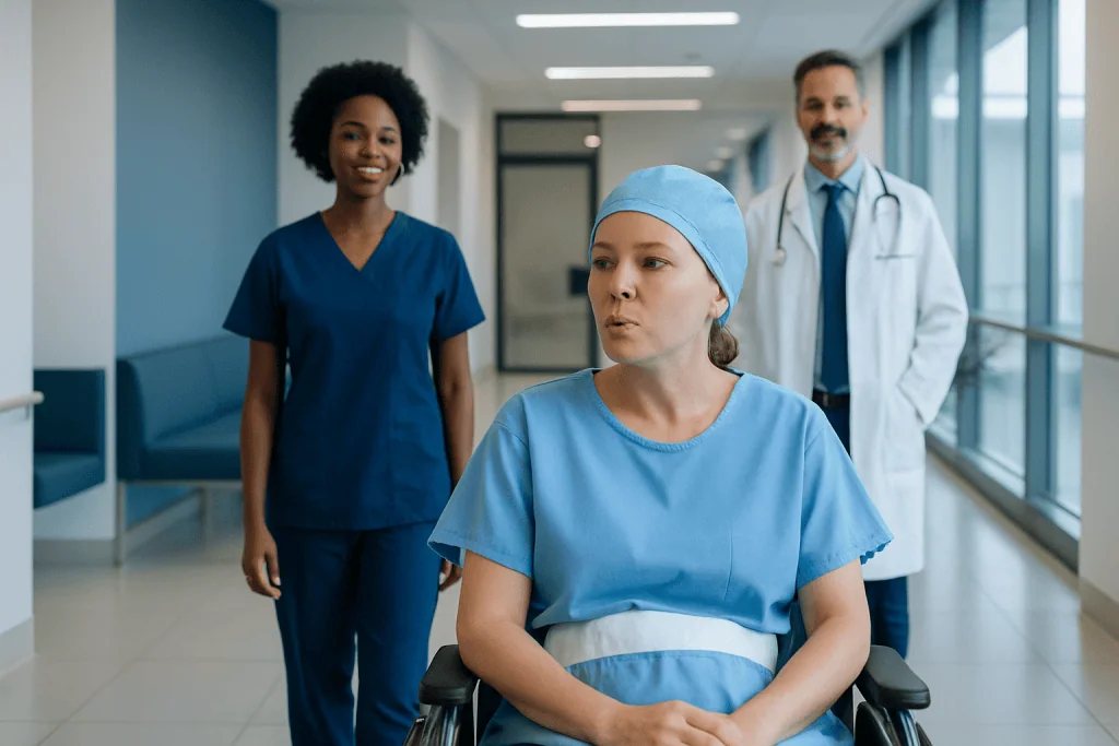 Chewing Gum after Surgery: Procedure, Recovery and Results 1 Hospital staff with patient in wheelchair in modern medical facility.
