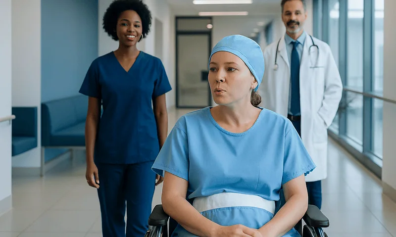 Hospital staff with patient in wheelchair in modern medical facility.