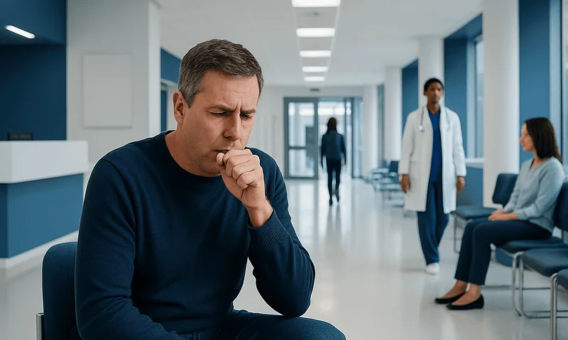 Man experiencing cough or throat discomfort in a hospital waiting area.