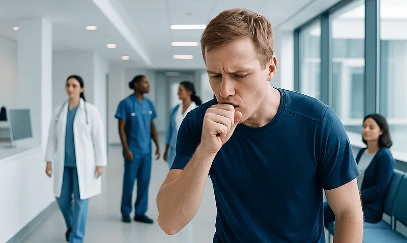 Young man coughing in hospital corridor with medical staff in background.