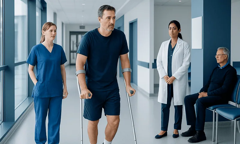 Patient with crutches in hospital corridor during recovery.