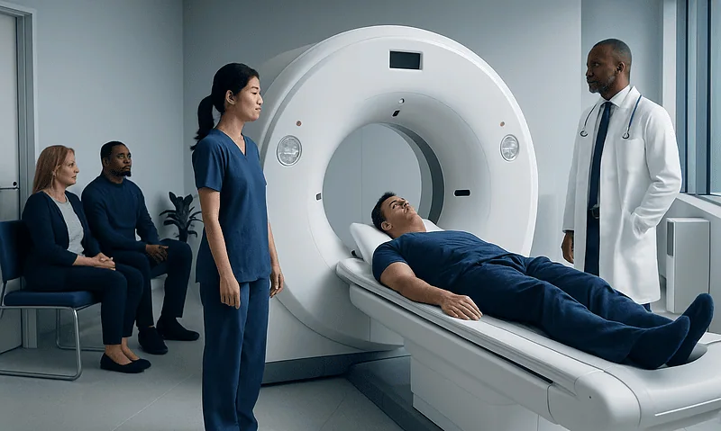 Patient undergoing CT scan in a modern hospital setting at Acibadem Hospitals Group.