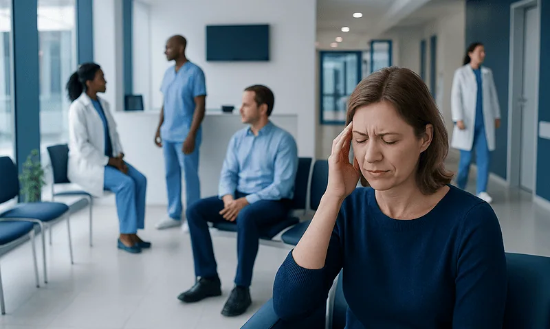 Patient experiencing headache in hospital waiting area with medical staff nearby.