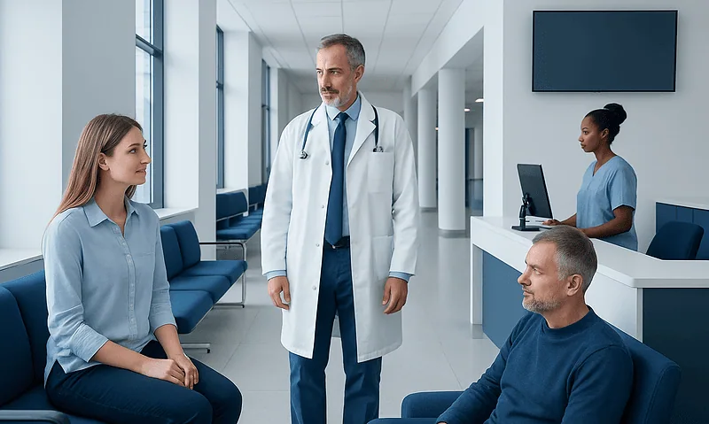 Doctor consulting with patients in a modern hospital corridor.