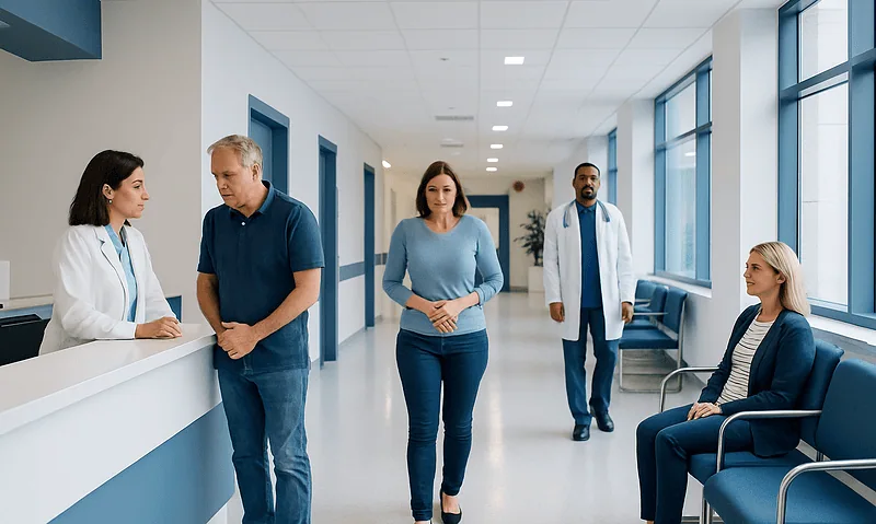 Patients and staff in a hospital corridor at Acibadem Hospitals Group.