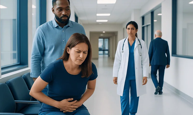 Diarrhea and Bloating: Common Causes and Warning Signs 5 Patient experiencing stomach pain in hospital corridor with medical staff nearby.