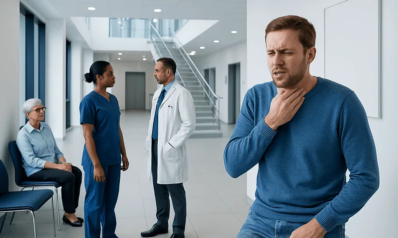 Man with sore throat in a hospital waiting area with medical staff and patient.