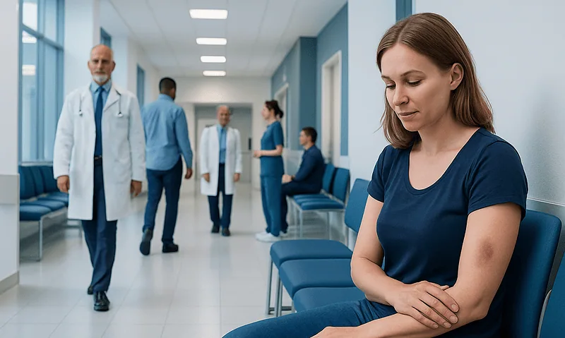 Young woman with bruises waiting in a hospital corridor.