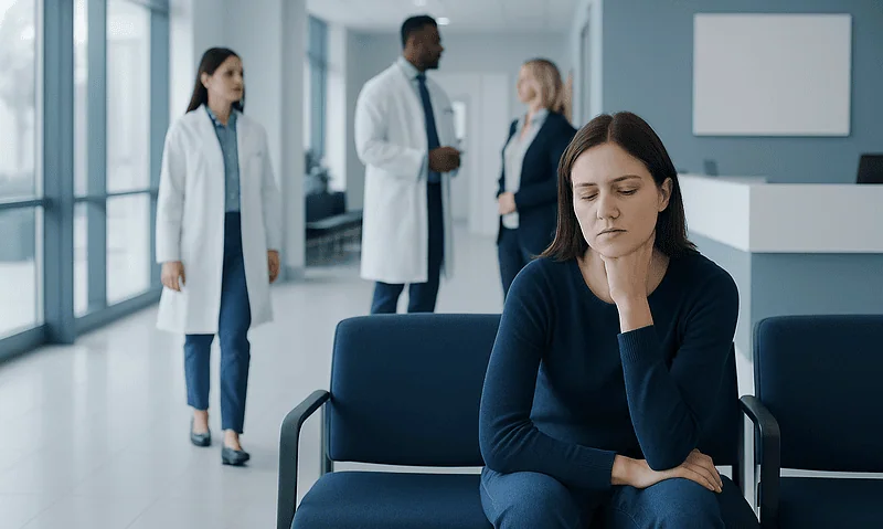 Woman feeling fatigued in a hospital waiting area with doctors in the background.