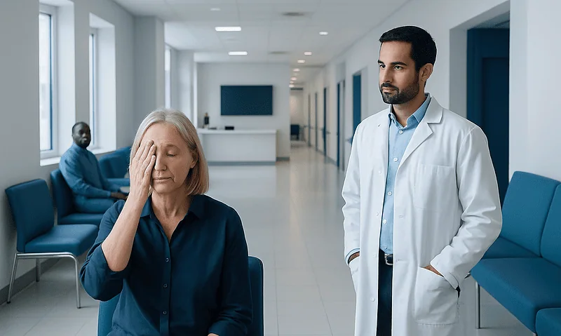Patient experiencing eye discomfort during a medical consultation at a hospital.