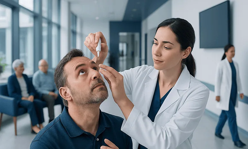 Eye Drops for Laser Eye Surgery: Procedure, Recovery and Results 6 Doctor administering eye drops to a patient in a clinical setting.