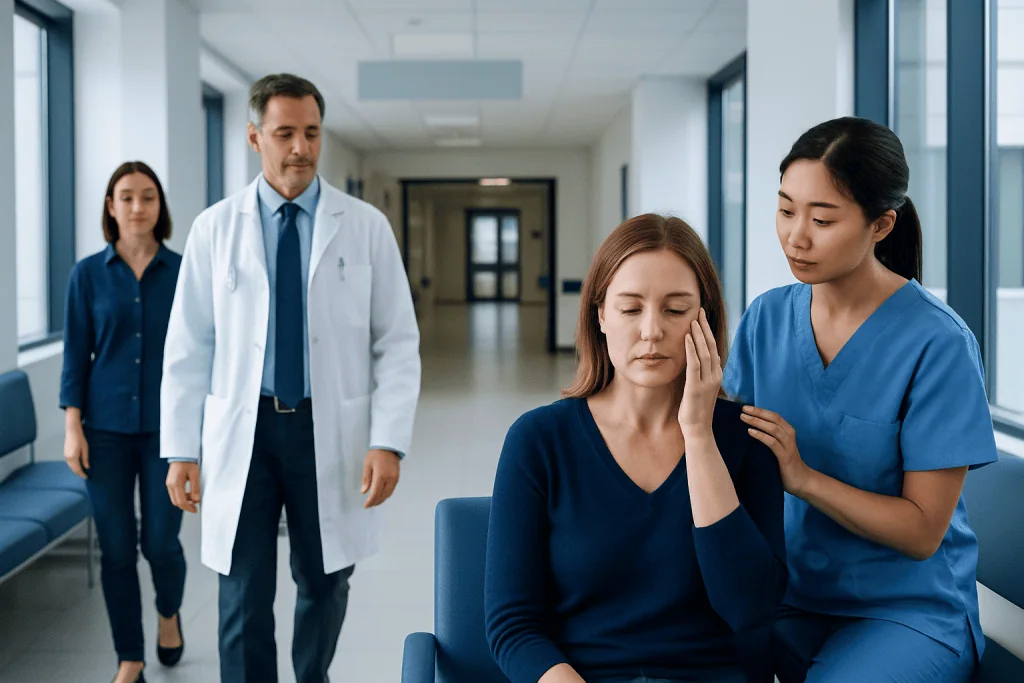Peeling Eyelids: An Evidence-Based Guide for Patients 1 Patient receiving consultation from healthcare professional in hospital corridor.
