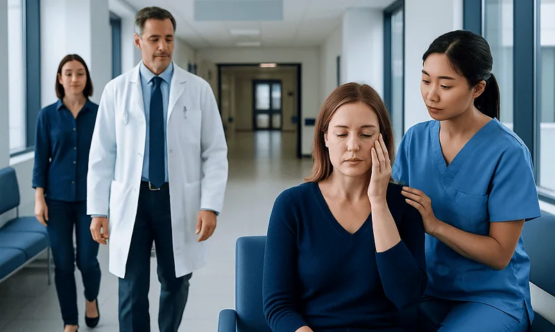 Patient receiving consultation from healthcare professional in hospital corridor.