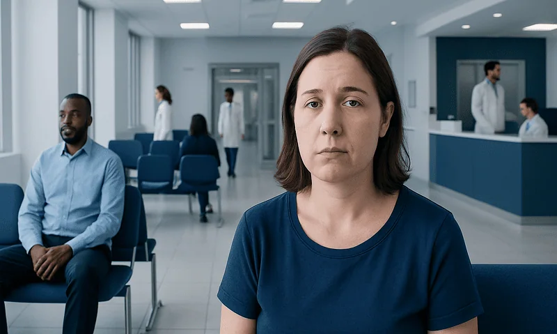 Woman with facial swelling in a hospital waiting area.
