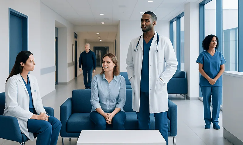 Medical team consulting patient in hospital corridor at Acibadem Hospitals.