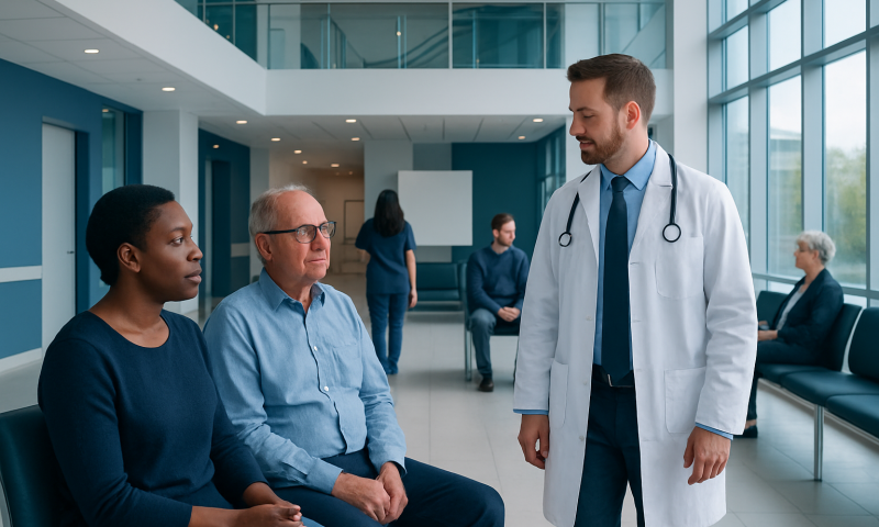 Doctor consulting with patients in a modern hospital lobby.