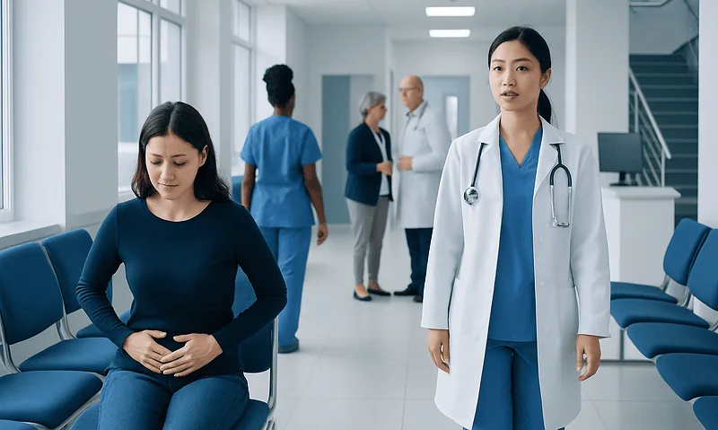Patient experiencing abdominal pain in hospital waiting area with medical staff nearby.