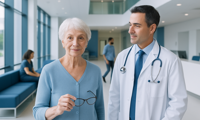Senior woman with glasses and doctor in hospital corridor.