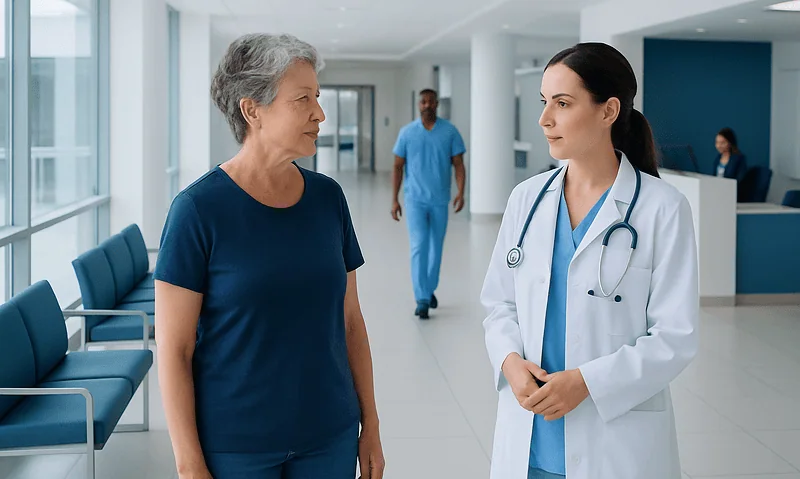 Patient consulting with doctor in hospital corridor.