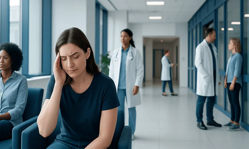 Woman with headache in hospital waiting area with doctors in background.