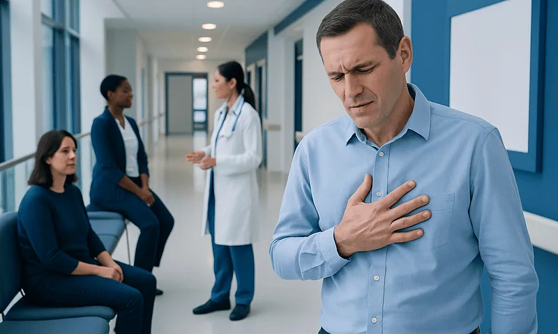 Man experiencing chest pain in hospital corridor with medical staff and patients.