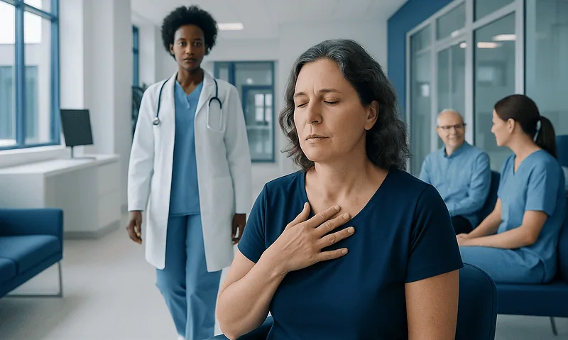 Woman experiencing hot flashes in a hospital setting with medical staff nearby.