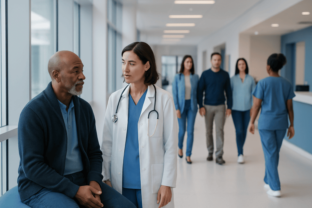 Post Stem Cell Transplant Immunizations: Procedure, Recovery and Results 1 Medical team discussing patient care in hospital corridor.