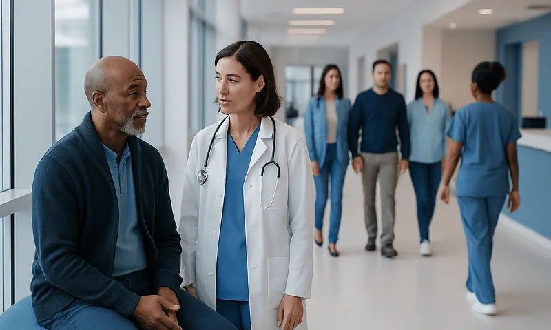 Medical team discussing patient care in hospital corridor.
