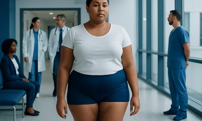 Young woman with dark skin in a hospital corridor, looking serious.
