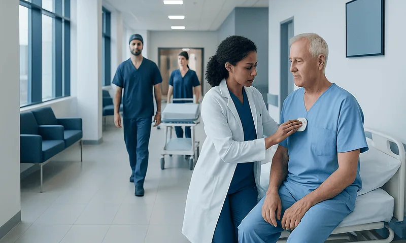 Healthcare professionals preparing a patient for surgery in a modern hospital.