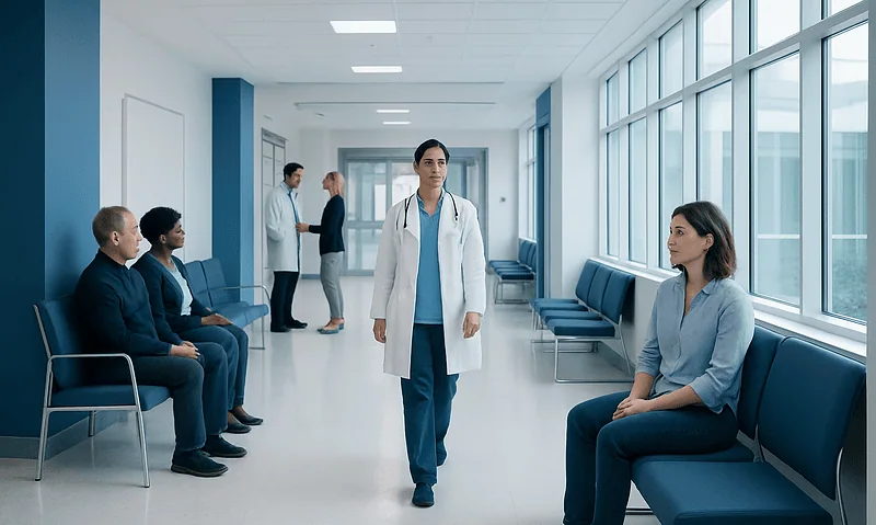Healthcare professionals and patients in a modern hospital corridor.