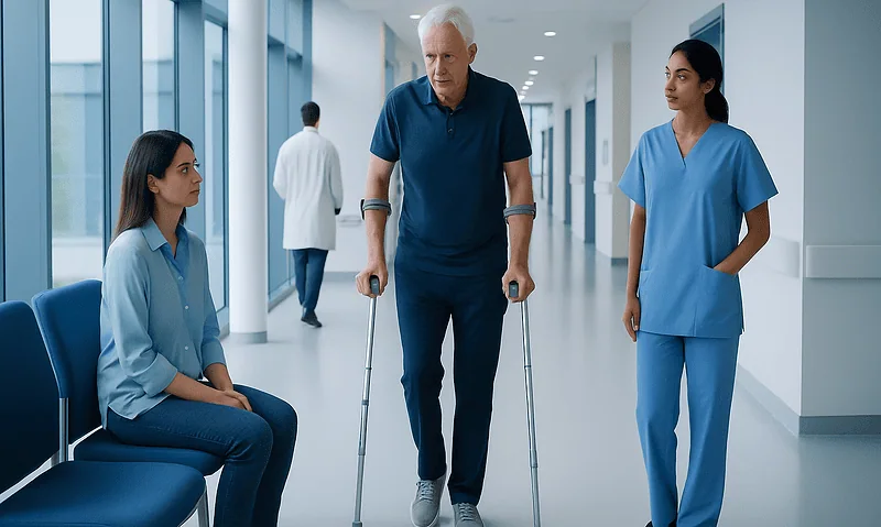 Elderly man with cane consulting with healthcare professionals in hospital corridor.