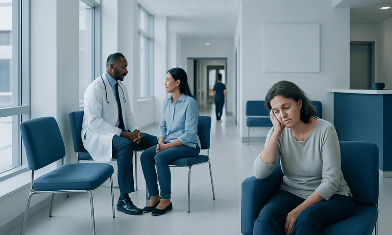 Patient consulting with doctor in hospital corridor, woman appears tired.