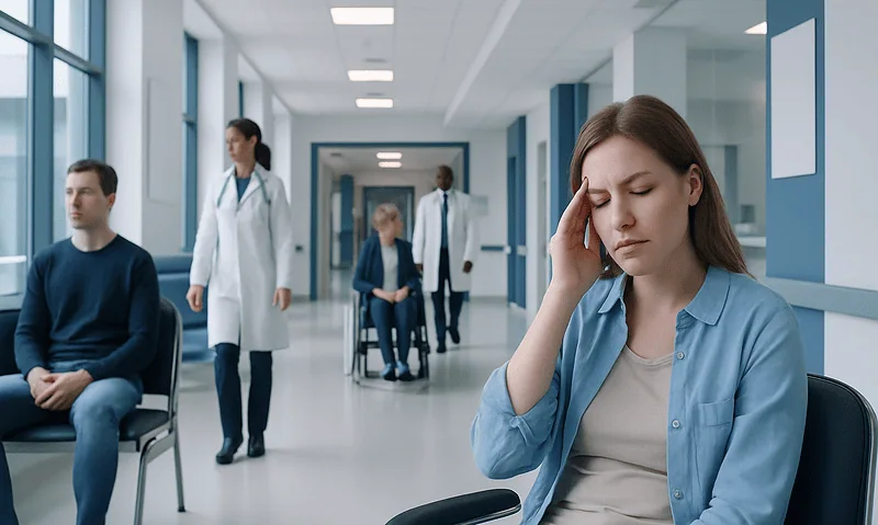 Young woman with headache in hospital corridor, feeling unwell.
