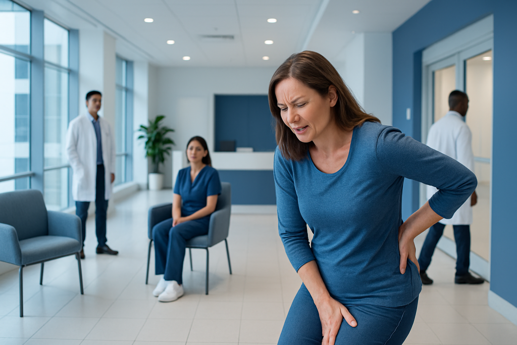Lower Back and Thigh Pain Female: Possible Causes and When to Seek Care 1 Woman experiencing lower back pain in a hospital waiting area.