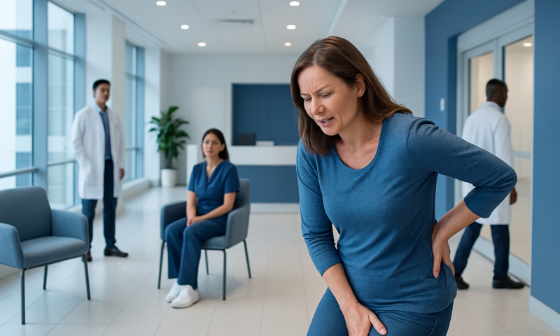 Woman experiencing lower back pain in a hospital waiting area.