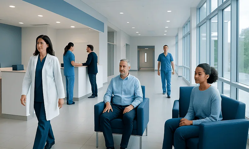 Patients waiting in a modern hospital lobby with medical staff nearby.