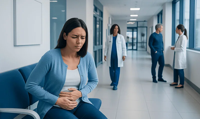 Woman experiencing stomach pain in hospital corridor.