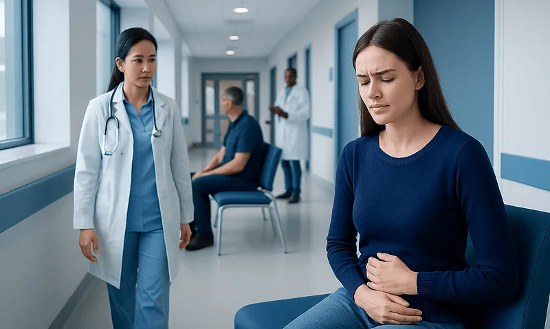 Young woman experiencing stomach pain in hospital corridor.